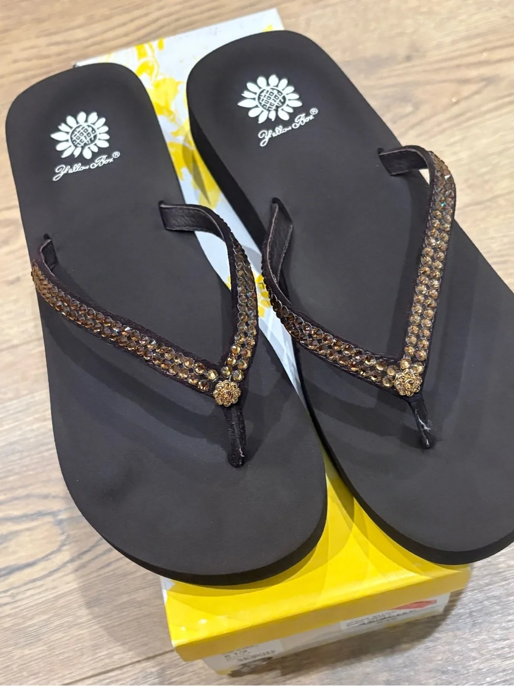 Yellow Box Brown Flip Flop Sandals with Brown Gem Straps - Picture 2 of 6